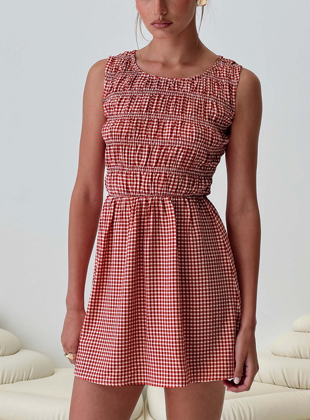 front view of model wearing Princess Polly Winxie Shirred Mini Dress Red Gingham Scoop Neck 