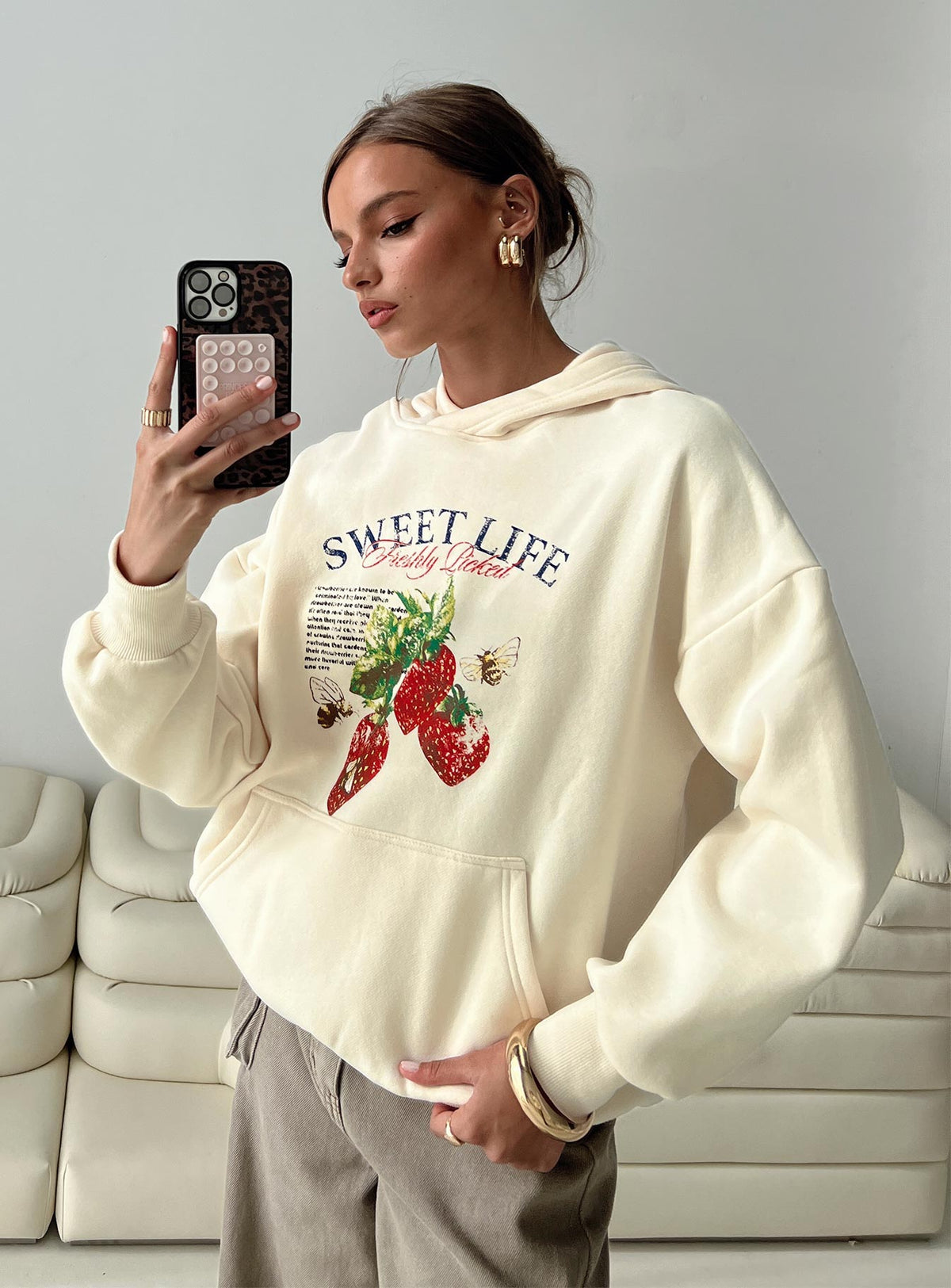 back view of model wearing Princess Polly Sweet Life Graphic Sweater Cream Longline Jumpers Jumpers 