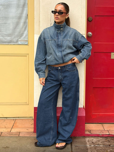 Ramos Low Rise Wide Leg Denim Jeans Mid Blue Wash