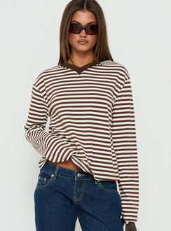 Viollette V Neck Long Sleeve Top Brown Stripe