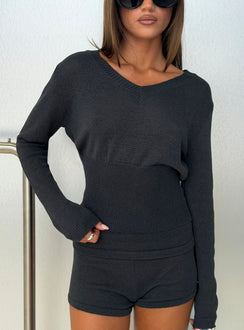 Elsari Cinched Waist V Neck Knit Sweater Charcoal