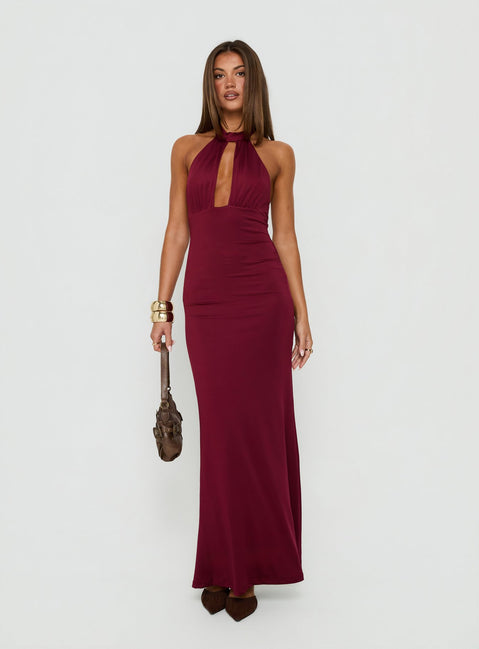 Soreya High Neck Cut Out Maxi Dress Burgundy