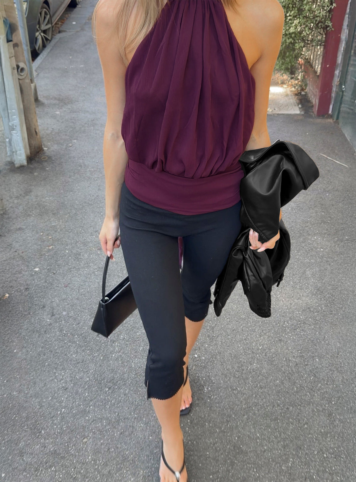 back view of model wearing Princess Polly Baseline Rib Capri Pants Black Petite Mid Rise Pants Pants 
