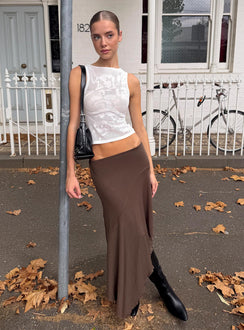   front view of model wearing Princess Polly Futura Asymmetrical Midi Skirt Chocolate Midi Skirts Skirts 