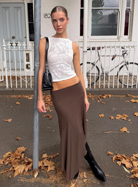   front view of model wearing Princess Polly Futura Asymmetrical Midi Skirt Chocolate Midi Skirts Skirts 