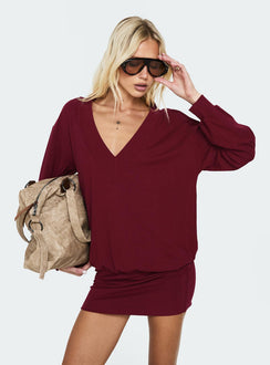 Solena Blouson V Neck Knit Mini Dress Burgundy