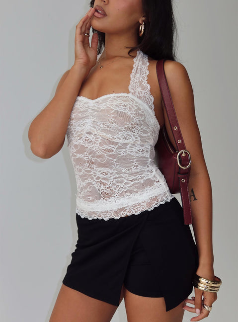 back view of model wearing Princess Polly Fantasize Lace Halter Top White Sleeveless Sweetheart 