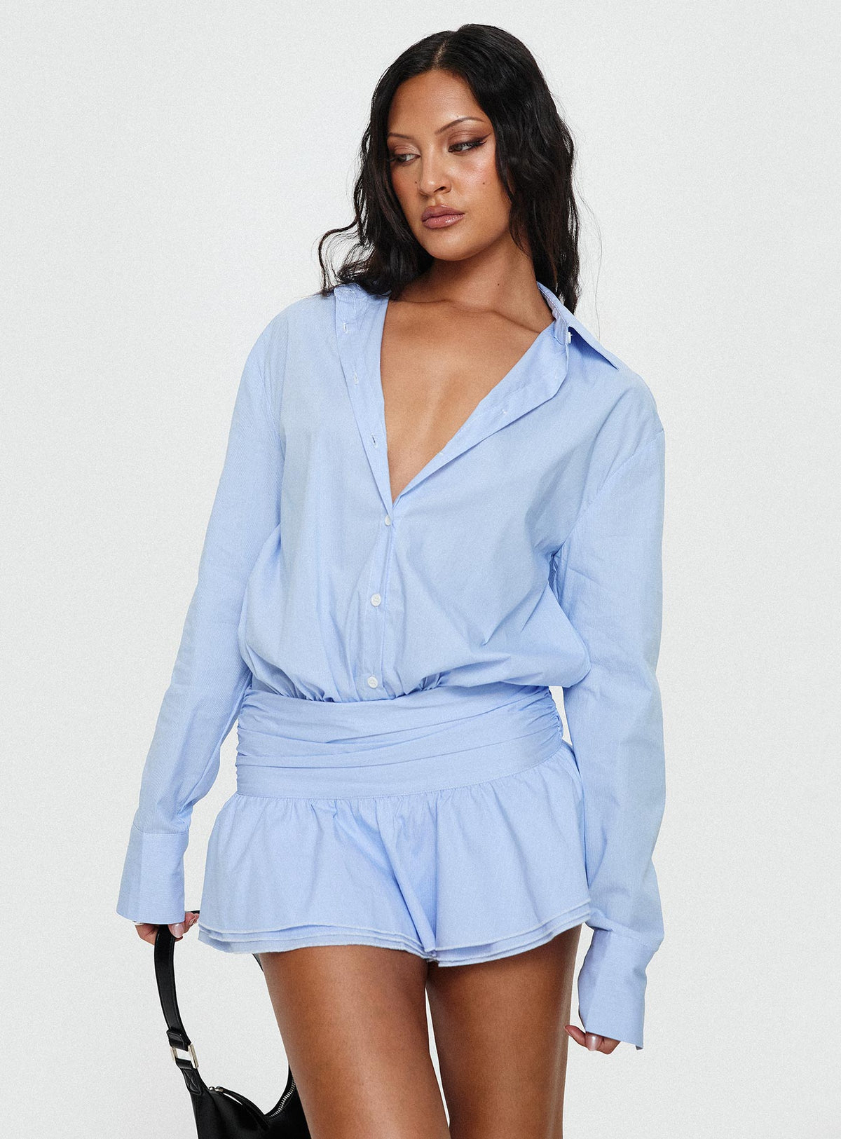 side view of model wearing Princess Polly Girls Girls Girls Mini Dress Blue V-Neck 