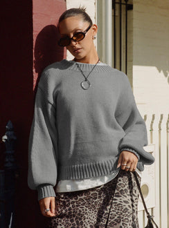 front view of model wearing Princess Polly Harmony Balloon Sleeve Knit Sweater Grey Longline Jumpers Jumpers 