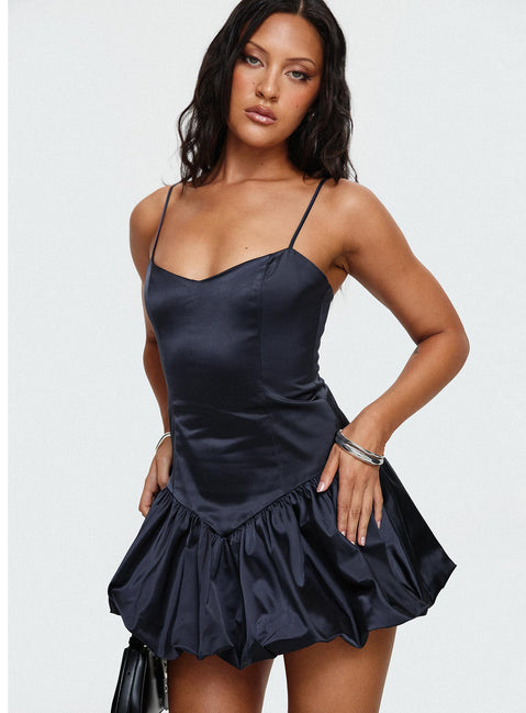 front view of model wearing Princess Polly Dollhouse Mini Dress Navy V-Neck 