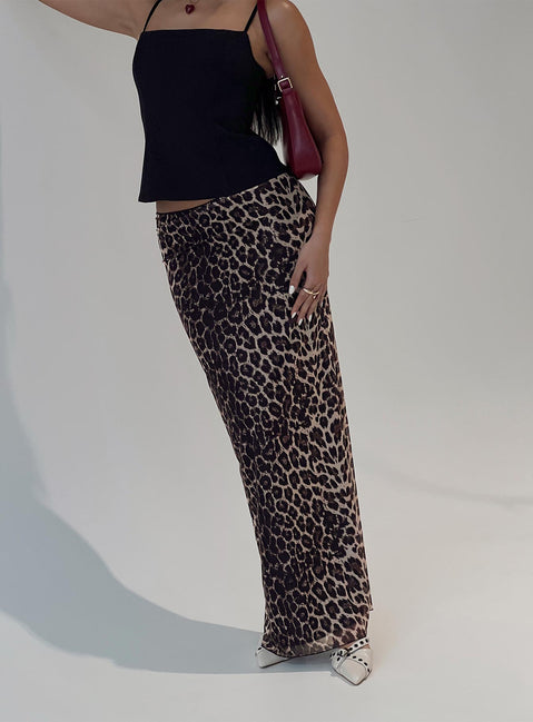 back view of model wearing Princess Polly Ergo Maxi Skirt Leopard Maxi Skirts Skirts 