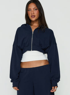 Showcasing the Lanna Fleece Zip Through Cropped Hoodie Navy womens-jumpers with short length front view of model wearing Princess Polly