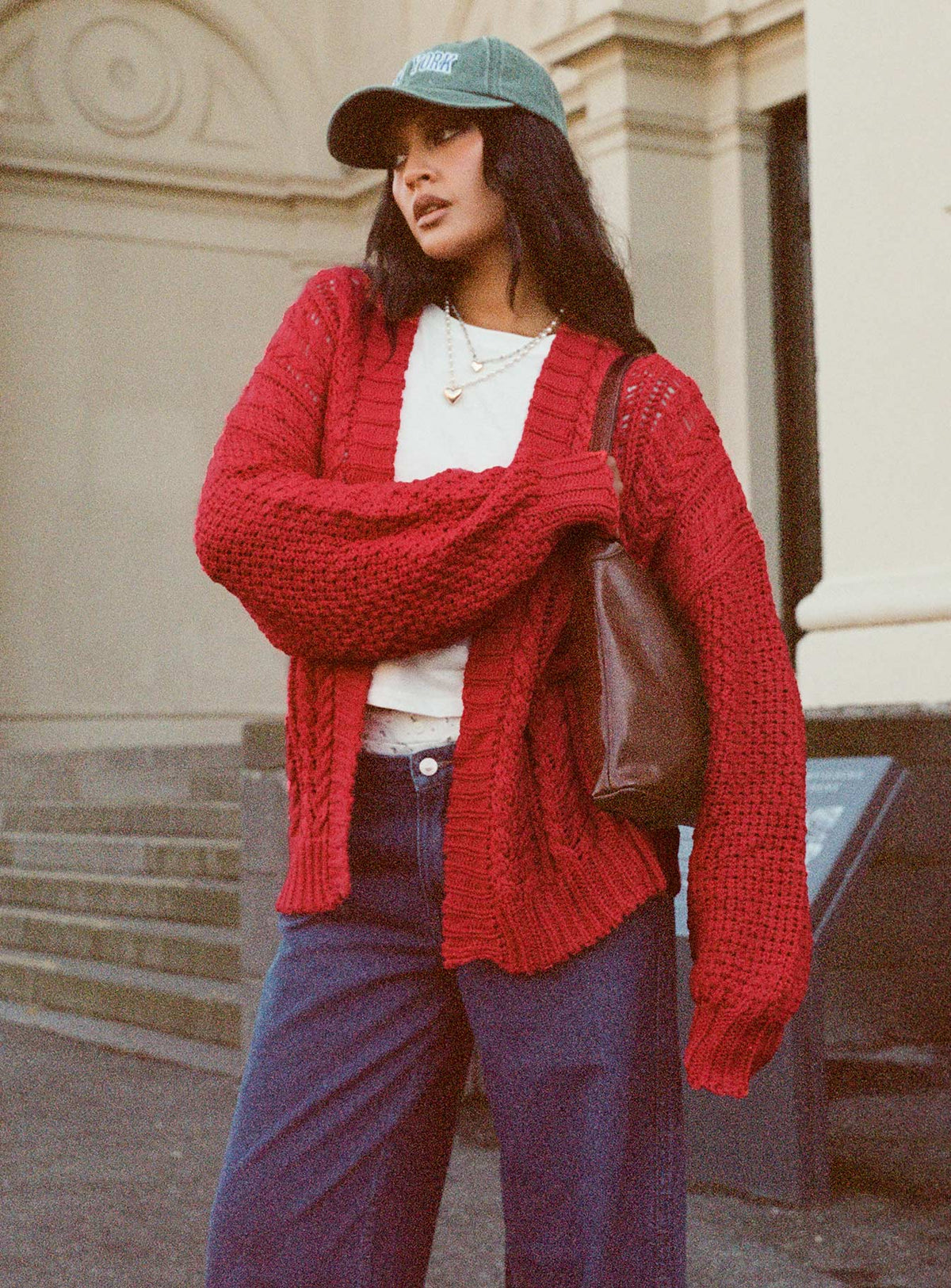 front view of model wearing Princess Polly Abner Cable Cardigan Red Longline Jumpers Jumpers 
