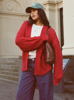 front view of model wearing Princess Polly Abner Cable Cardigan Red Longline Jumpers Jumpers 