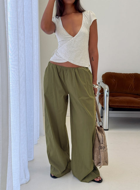Showcasing Lunea Concealed Waistband Pants Khaki Petite in mid-rise womens-regular-pants detail view of model wearing Princess Polly