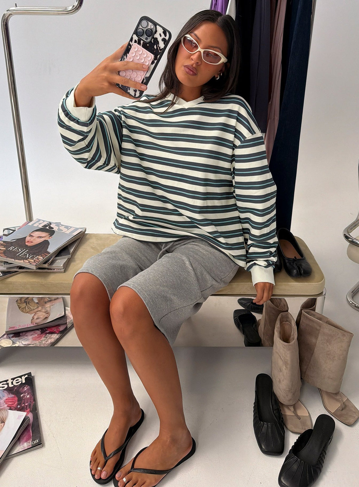 Discover the Opollo V Neck Jumper Blue Multi Stripe womens-jumpers featuring short length detail Princess Polly