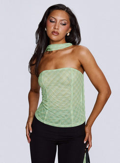 front view of model wearing Princess Polly No Comparison Neck Tie Strapless Top Green Check Sleeveless straight 