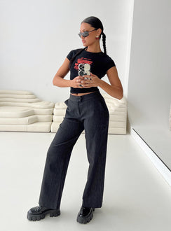 front view of model wearing Princess Polly Jeller Pinstripe Pants Black Petite High Rise Pants Pants 