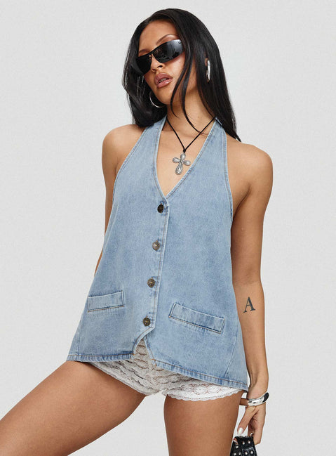 back view of model wearing Princess Polly Hills Halter Washed Blue Sleeveless V-Neck 