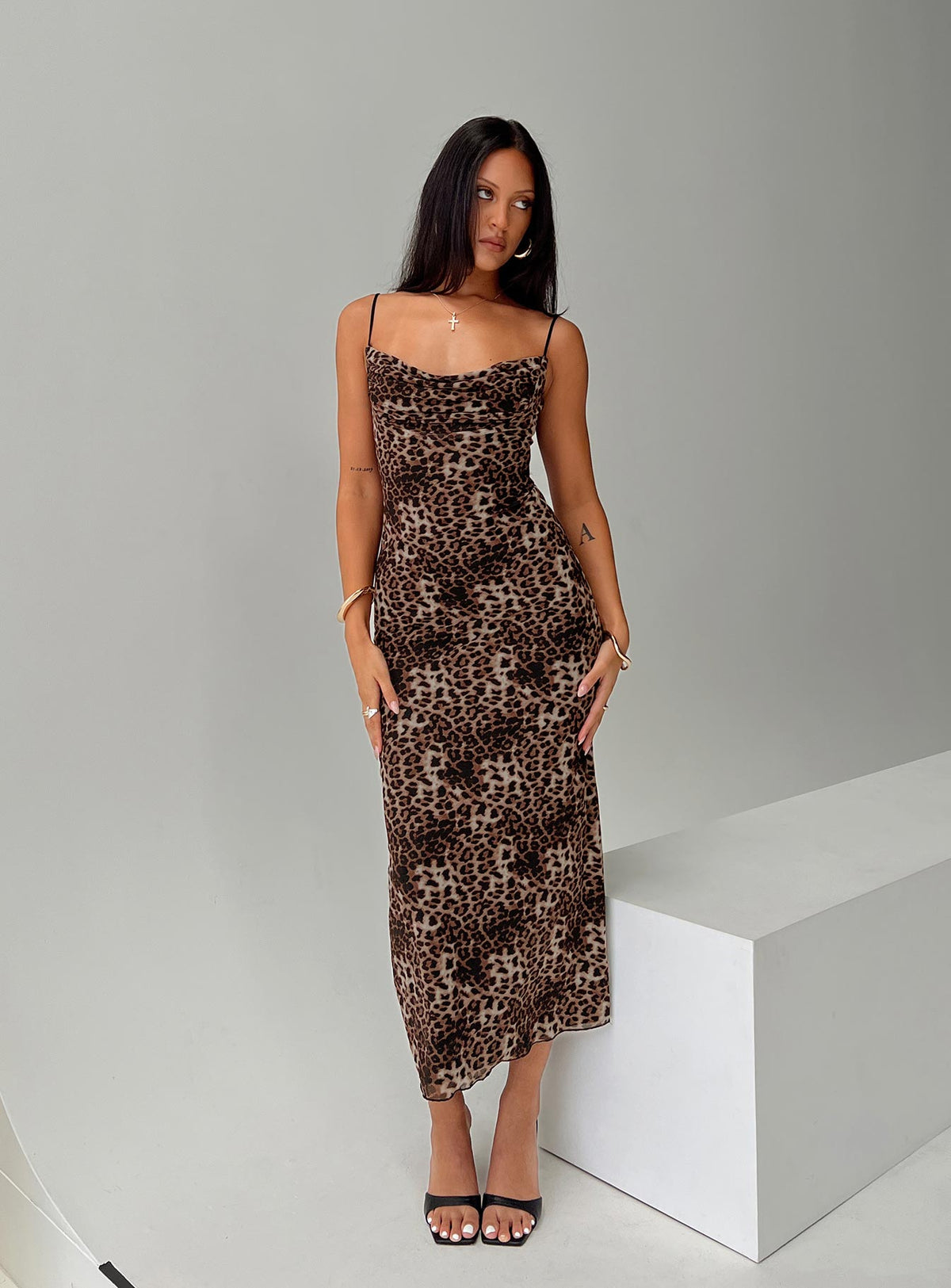 back view of model wearing Princess Polly Sugar Maxi Dress Leopard Cowl Neck 