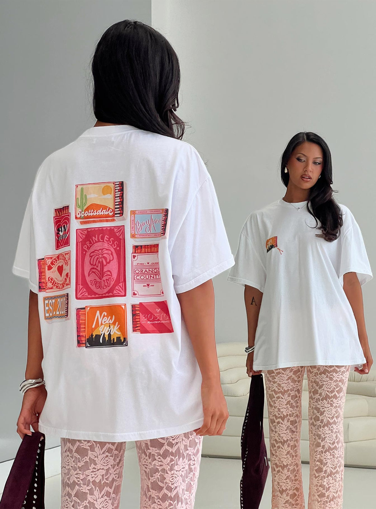 back view of model wearing Princess Polly Matchbox Collection Graphic Top White / Multi Half Sleeves Crew Neck 