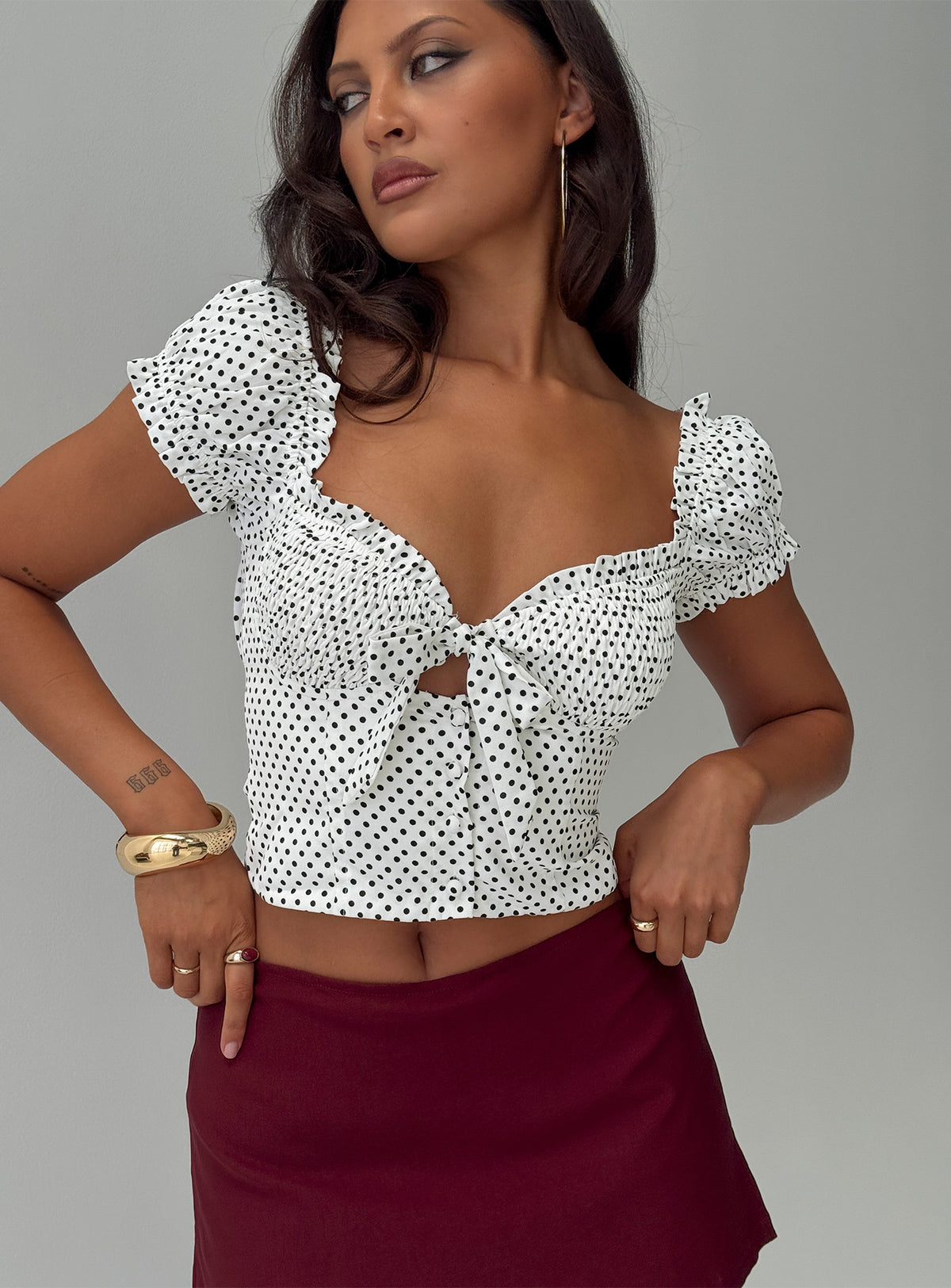 Audreana Babydoll Top White Polka