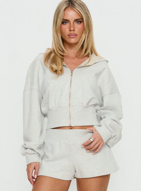 Showcasing the Daytime Cropped Blouson Hoodie Snow Marle in womens-jumpers with short length front view of model wearing Princess Polly