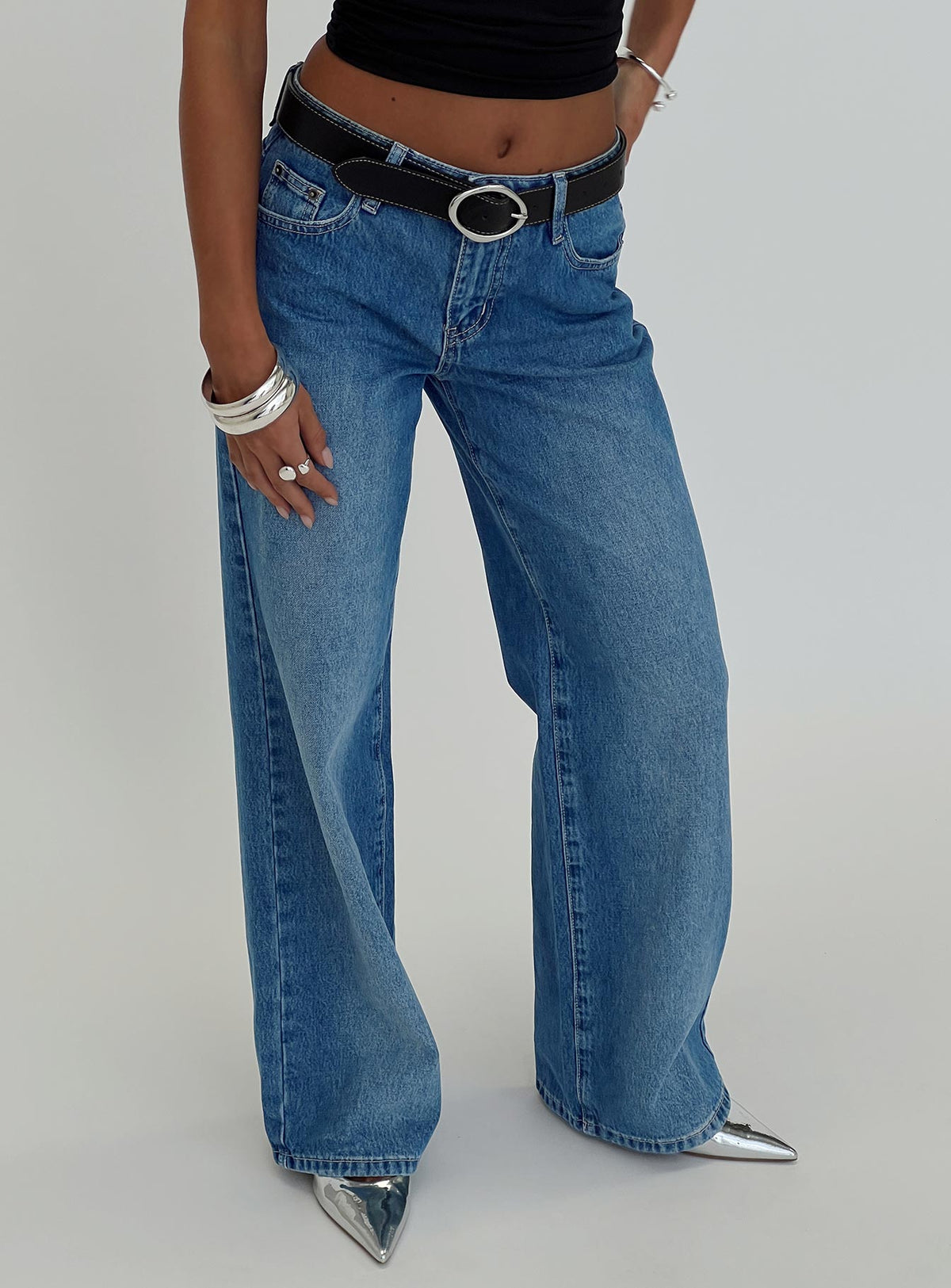 front view of model wearing Princess Polly On Sunset Mid Rise Straight Leg Jeans Dark Wash Mid Rise Jeans Jeans 