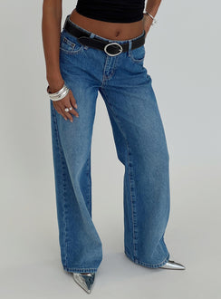 front view of model wearing Princess Polly On Sunset Mid Rise Straight Leg Jeans Dark Wash Mid Rise Jeans Jeans 