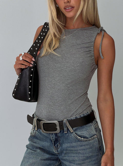 side view of model wearing Princess Polly Magnetism Bodysuit Grey Sleeveless Bodysuit 