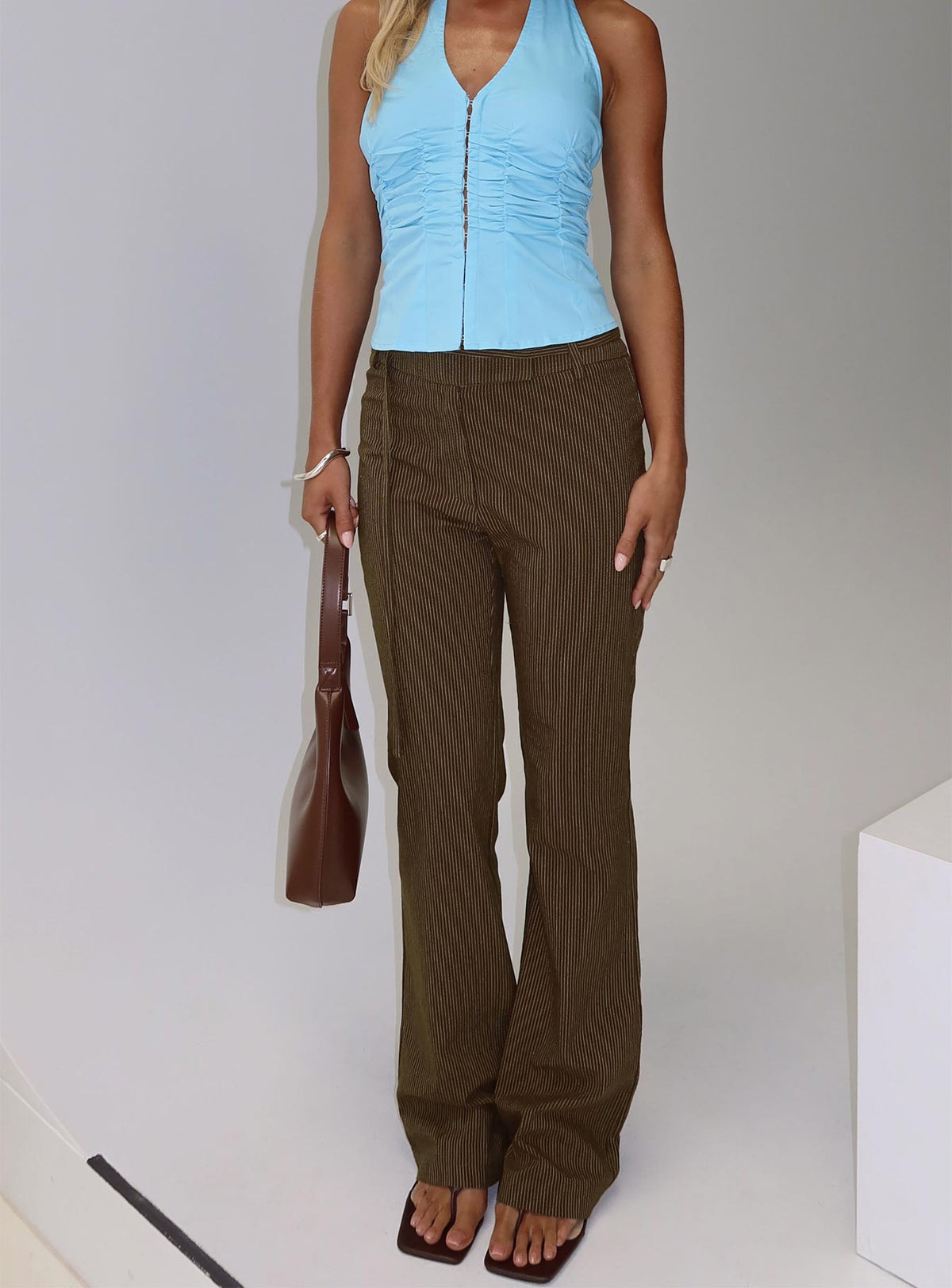 back view of model wearing Princess Polly Winika Pants Brown High Rise Pants Pants 
