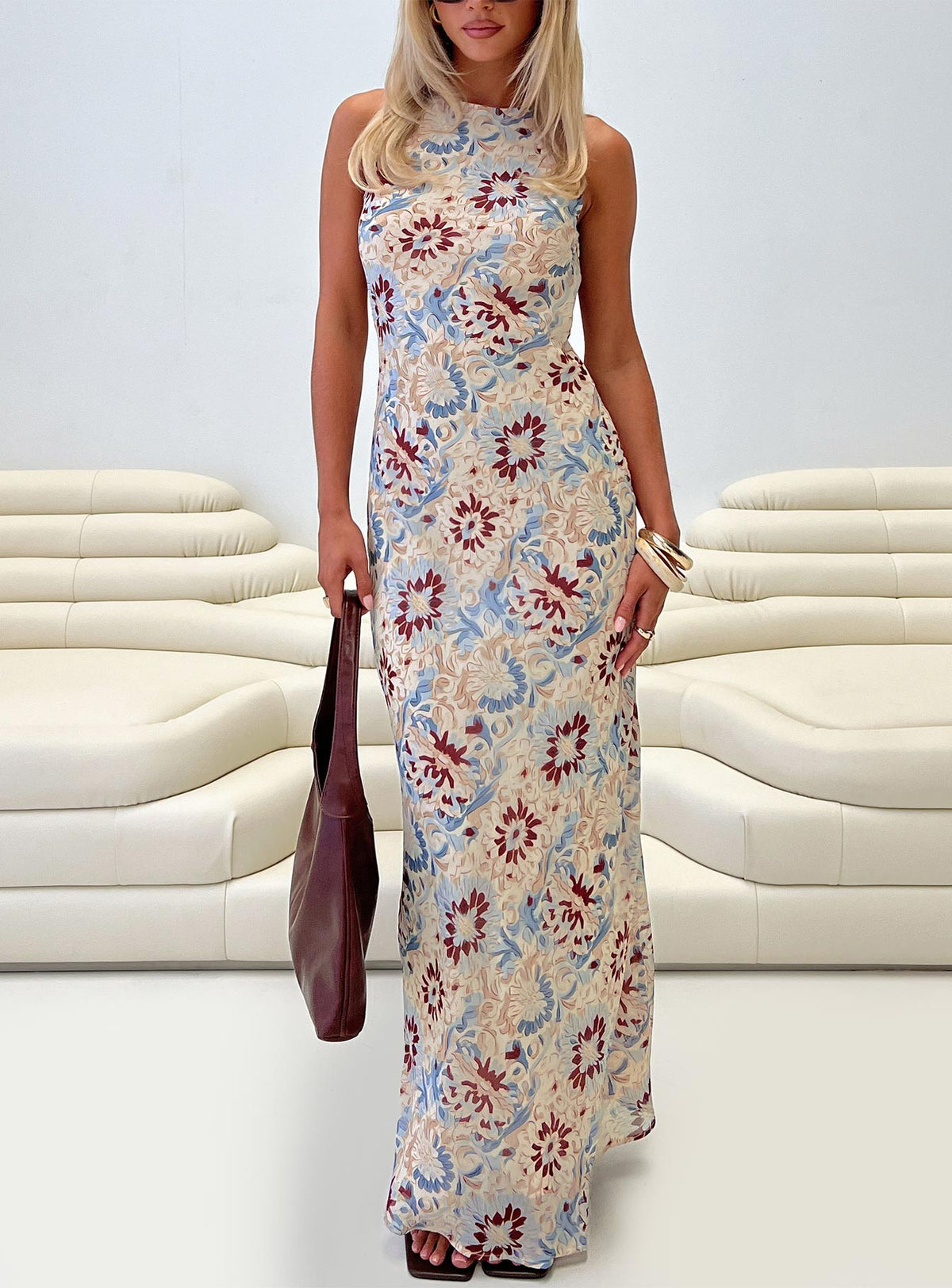 front view of model wearing Princess Polly Roam Free Maxi Dress Multi Crew Neck 