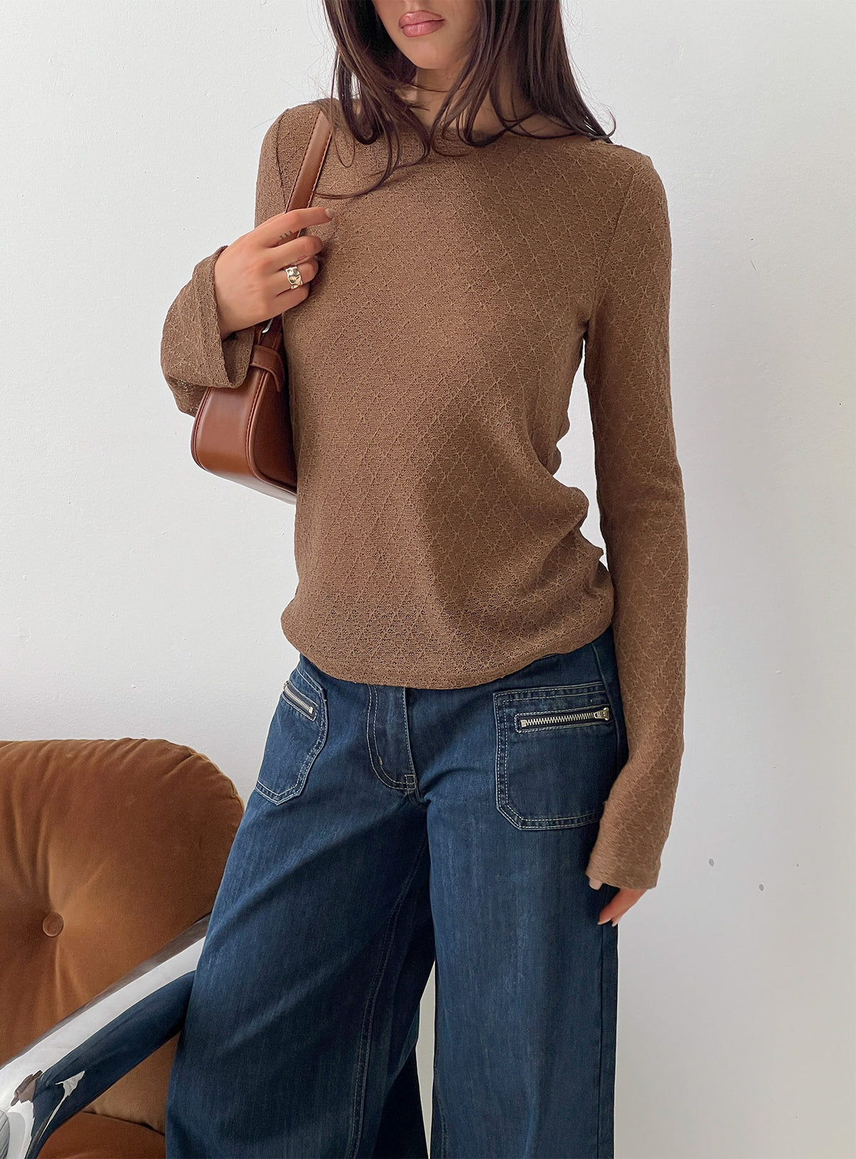 Tuppence Textured Long Sleeve Top Brown