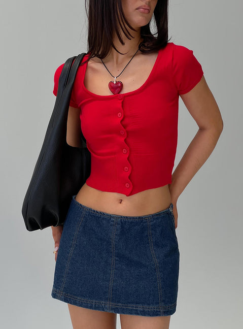 front view of model wearing Princess Polly Lemoni Skort Denim Blue Low Rise Shorts 