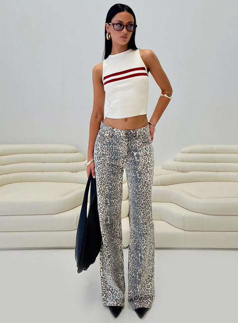 front view of model wearing Princess Polly Top Model Low Rise Straight Leg Jeans Leopard Fade Mid Rise Jeans Jeans 