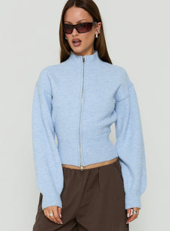 Showcasing the Agneta Zip Through Funnel Neck Sweater Blue womens-jumpers with short length front view of model wearing Princess Polly