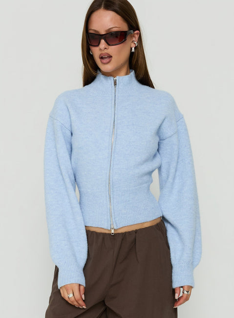 Showcasing the Agneta Zip Through Funnel Neck Sweater Blue womens-jumpers with short length front view of model wearing Princess Polly
