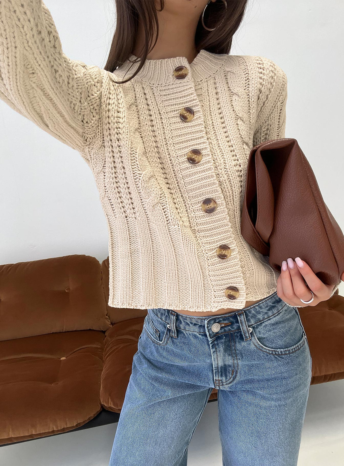 front view of model wearing Princess Polly Donielle Cable Knit Cardigan Beige cropped Jumpers 
