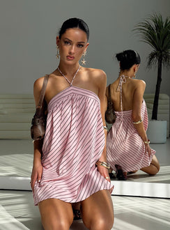 front view of model wearing Princess Polly Moonlit Mini Dress Pink Stripe Petite Asymmetric Neckline 