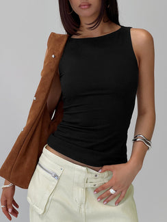 side view of model wearing Princess Polly Lose Your Number High Neck Top Black Sleeveless Crew Neck 