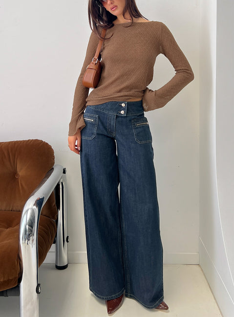 front view of model wearing Princess Polly Unwritten Mid Rise Wide Leg Jeans Dark Blue Wash Mid Rise Jeans 