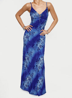 back view of model wearing Princess Polly Lauraline Maxi Dress Blue V-Neck 