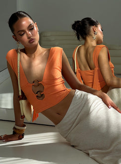 front view of model wearing Princess Polly Steward Top Orange Sleeveless Plunger 
