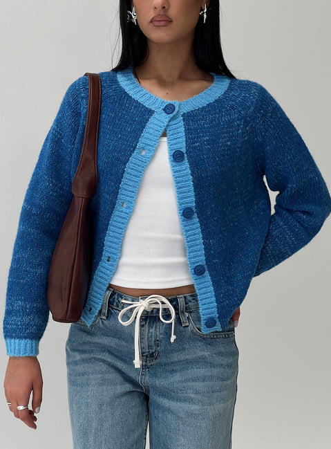 front view of model wearing Princess Polly Oak Meadow Cardigan Blue Jumpers 