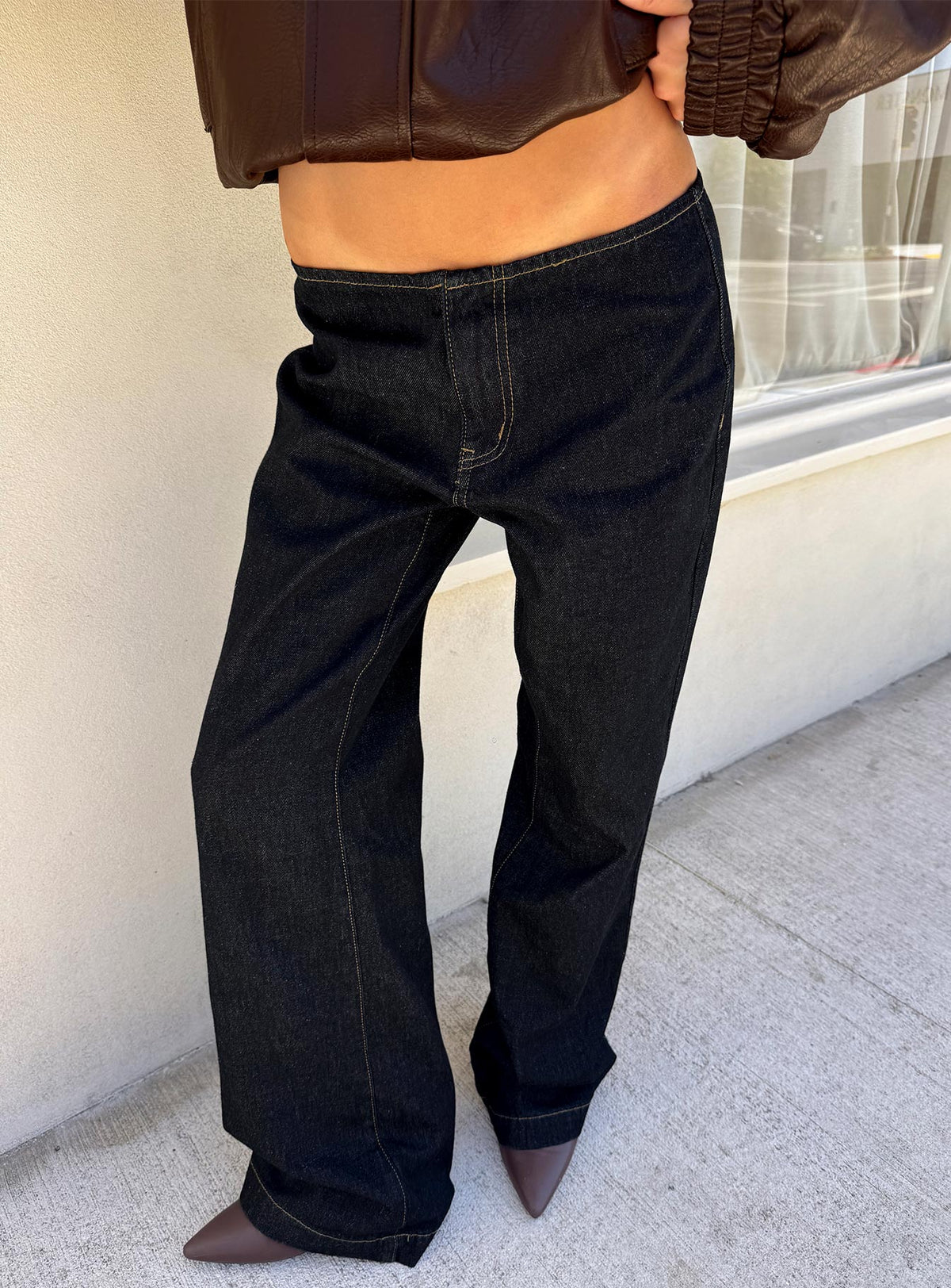 Featuring Buenos No Waist Low Rise Straight Leg Jeans in Raw Denim womens-jeans with low-rise waist side view of model wearing