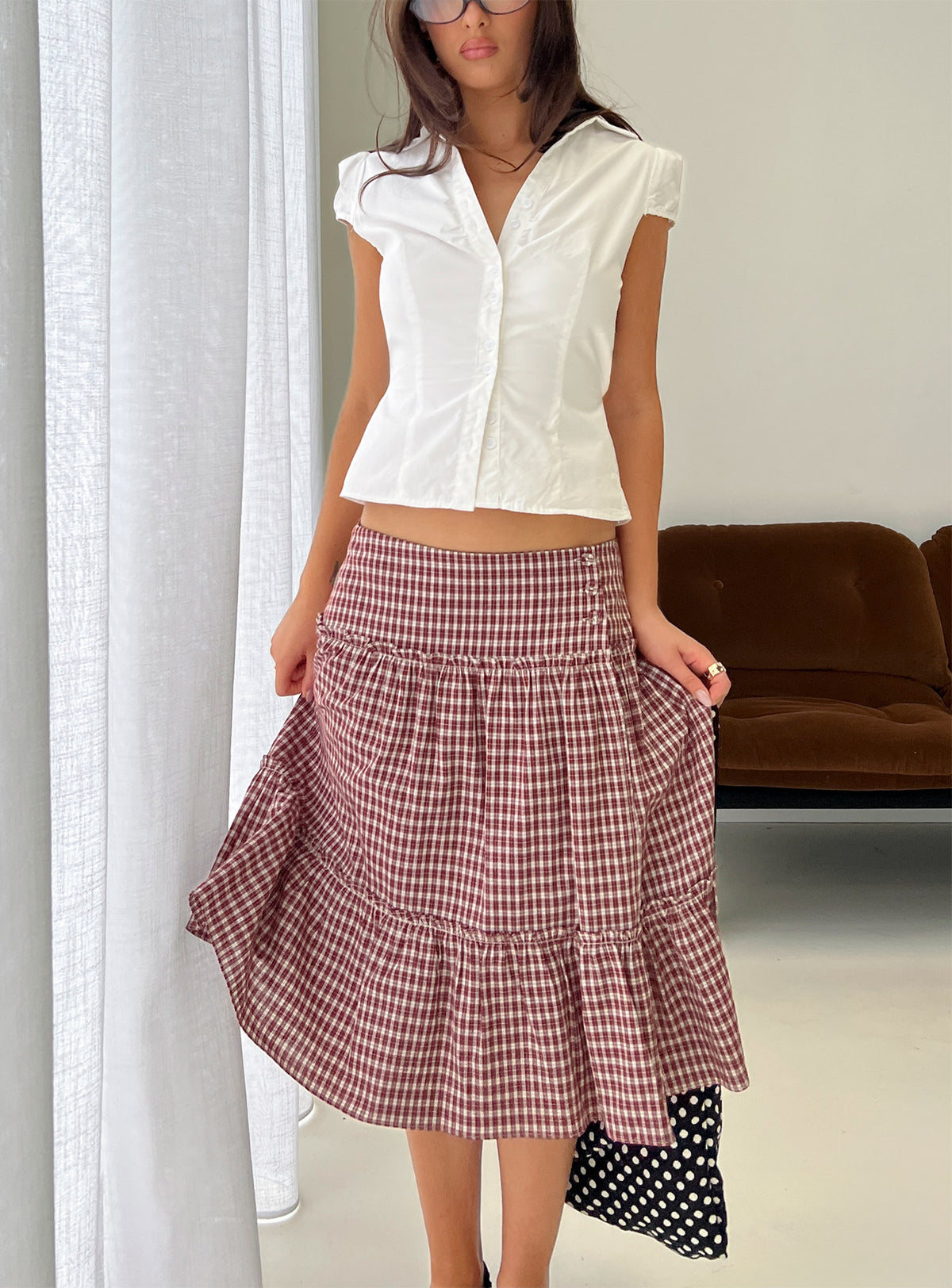   front view of model wearing Princess Polly Cascades Low Rise Midi Skirt Red Check Midi Skirts Skirts 