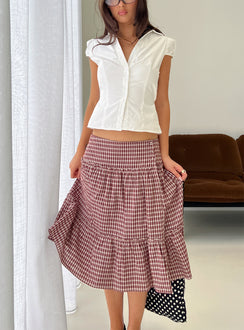   front view of model wearing Princess Polly Cascades Low Rise Midi Skirt Red Check Midi Skirts Skirts 