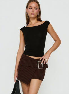 Showcasing the Myrienne Belted Mini Skirt Brown Pinstripe womens skirts with mini length front view of model wearing Princess Polly