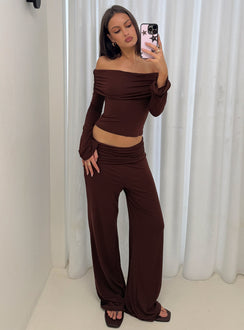front view of model wearing Princess Polly Fawne Ruched Folded Pants Brown Mid Rise Pants Pants 