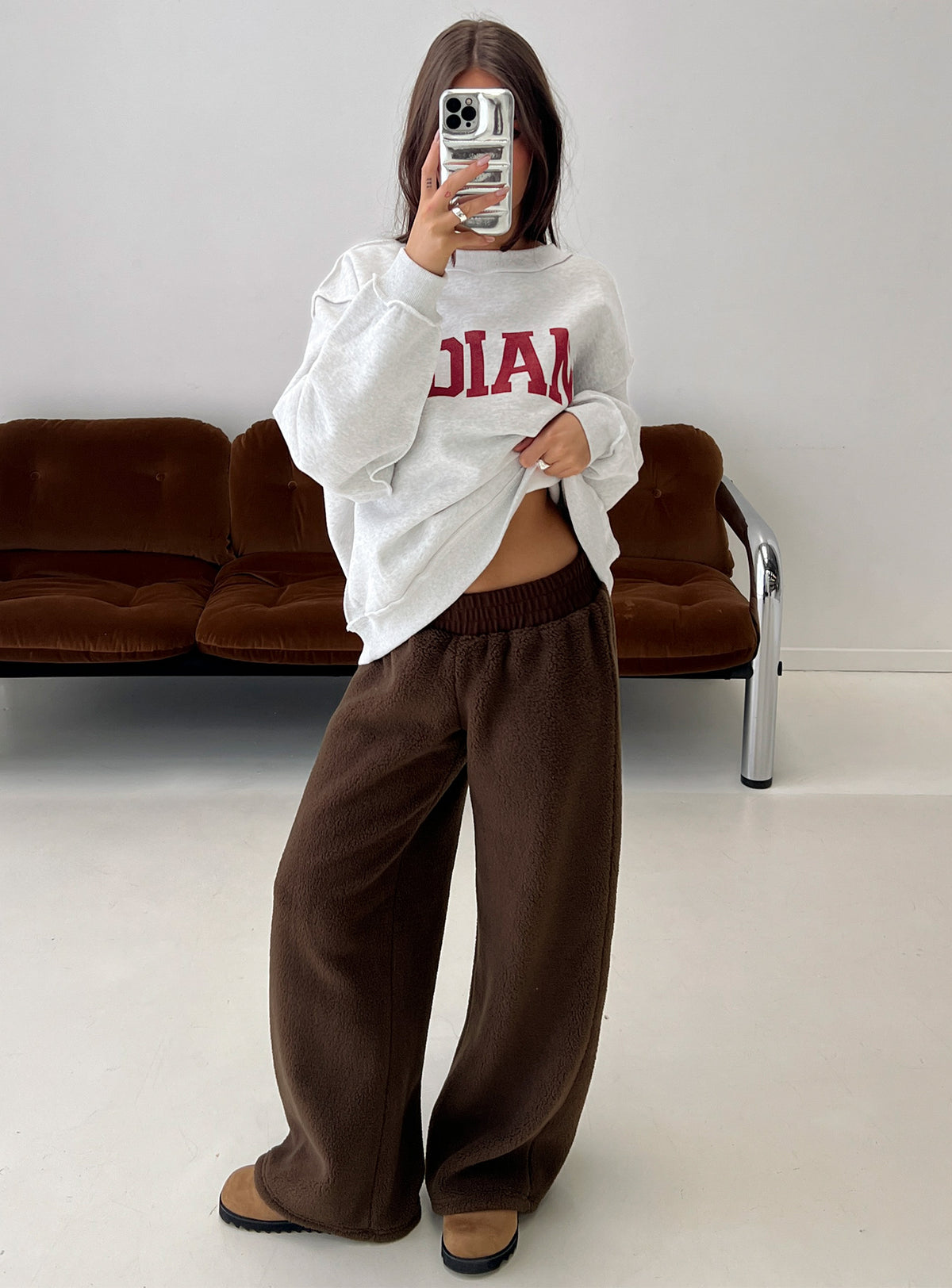 front view of model wearing Princess Polly Siberia Fleece Track Pant Chocolate Brown High Rise Pants Pants 